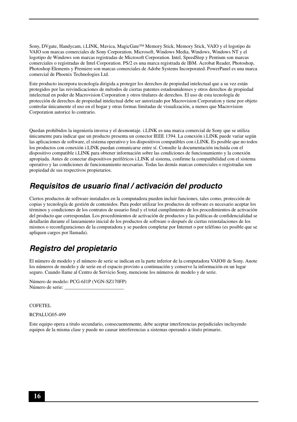 Registro del propietario | Sony VGN-SZ150P User Manual | Page 16 / 20