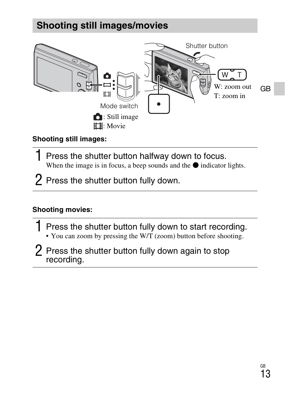 Shooting still images/movies | Sony DSC-W510 User Manual | Page 13 / 48