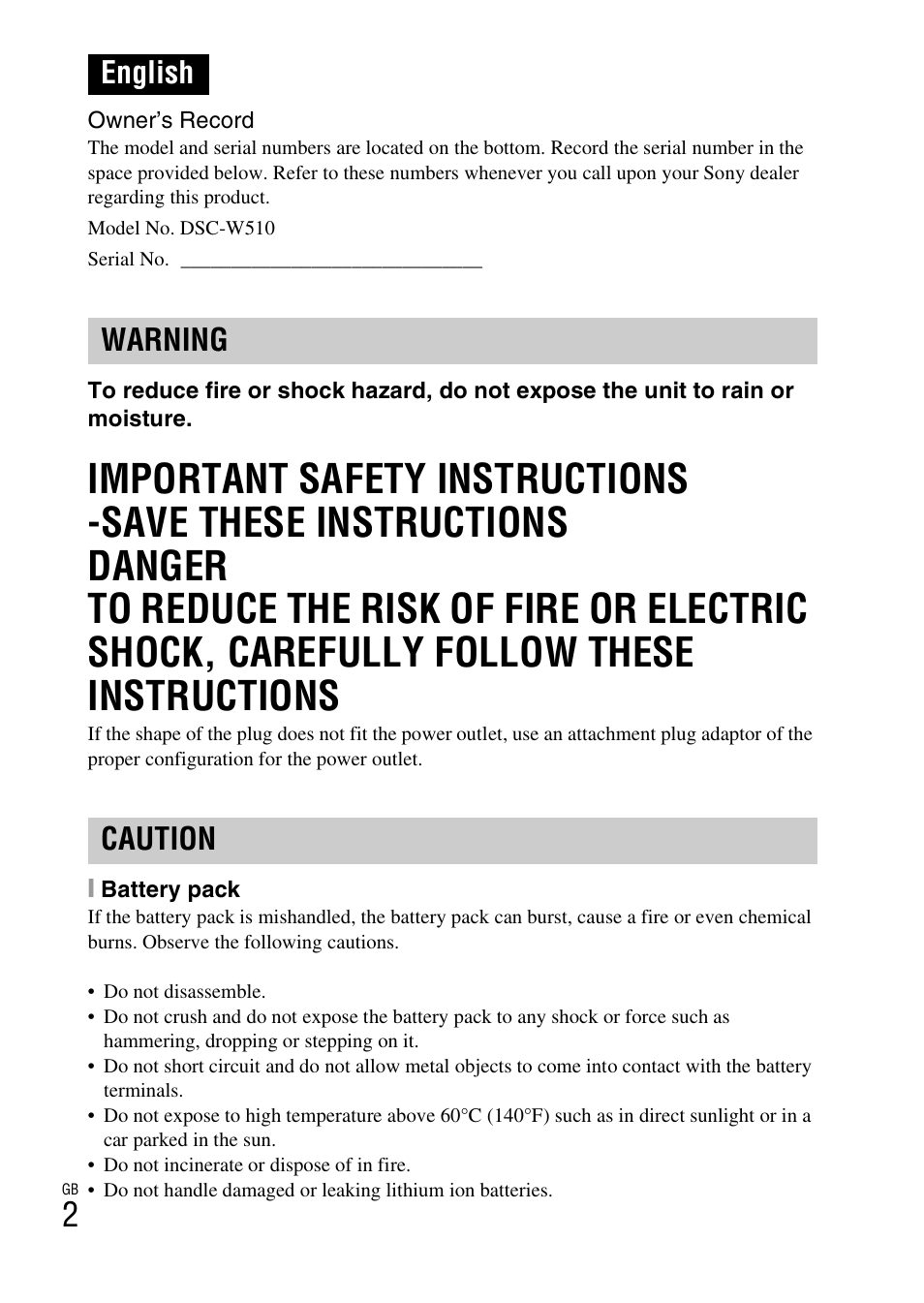 English, English warning caution | Sony DSC-W510 User Manual | Page 2 / 48