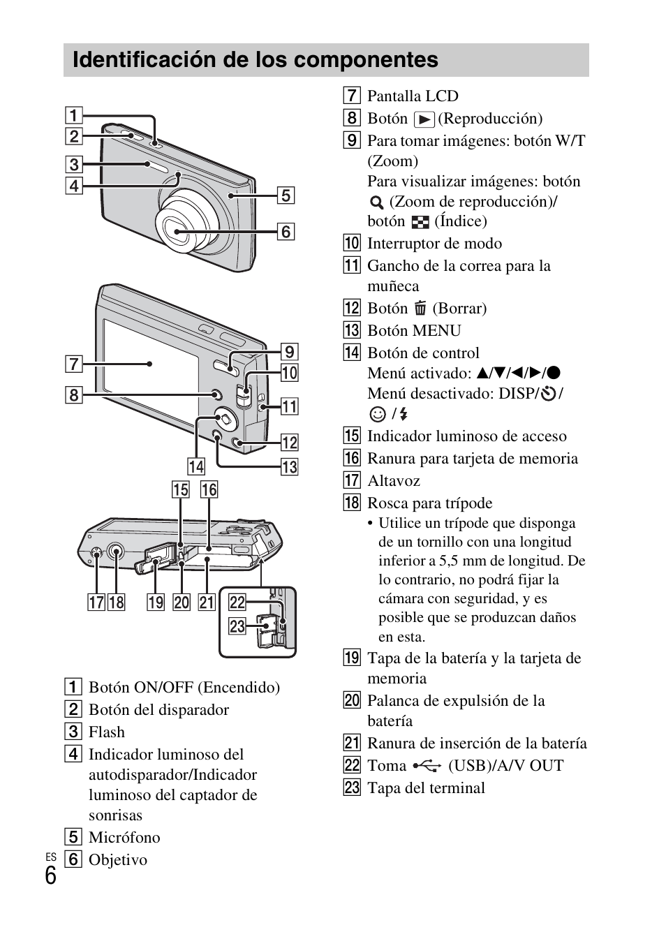 Identificación de los componentes | Sony DSC-W510 User Manual | Page 28 / 48