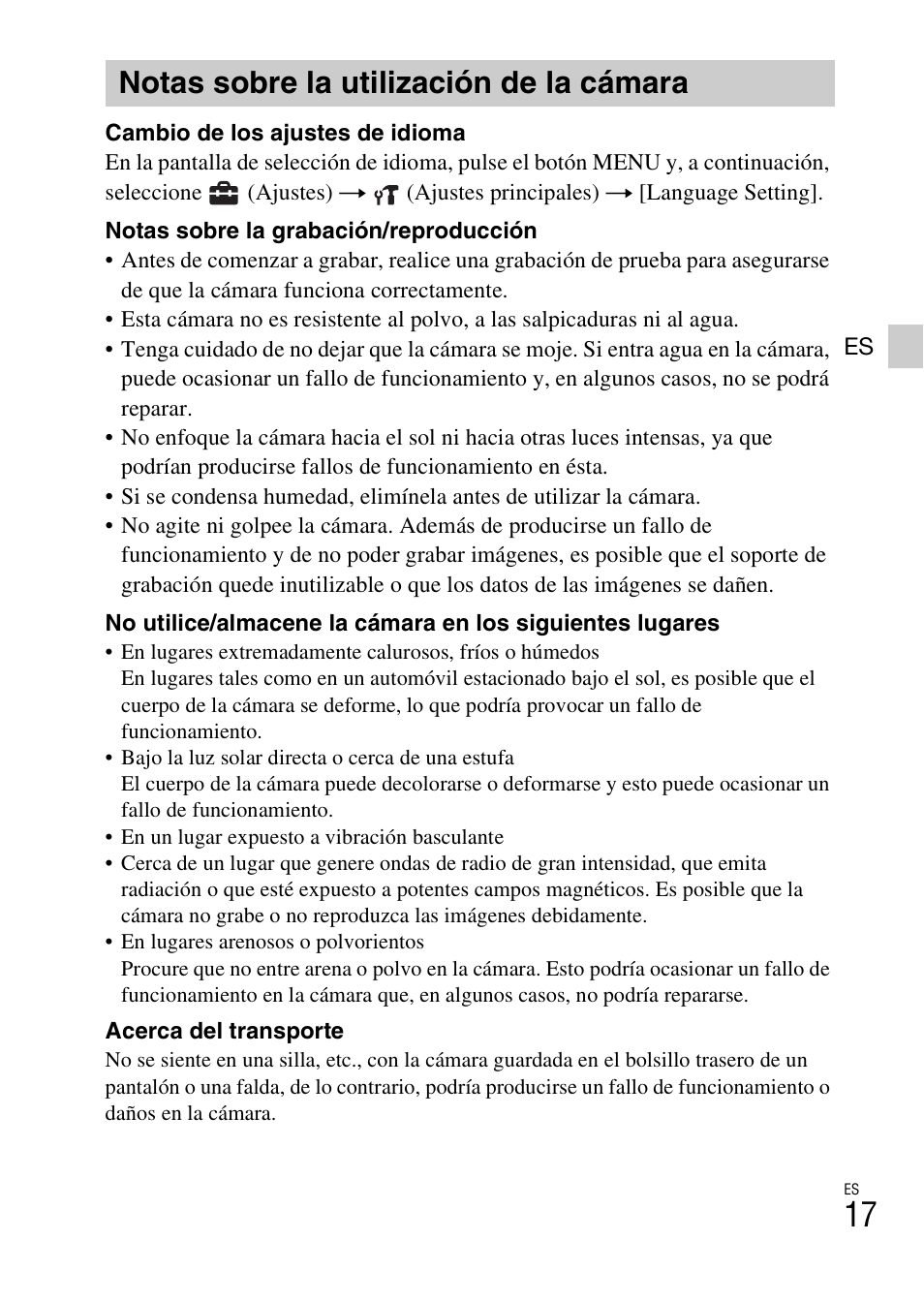 Notas sobre la utilización de la cámara | Sony DSC-W510 User Manual | Page 39 / 48