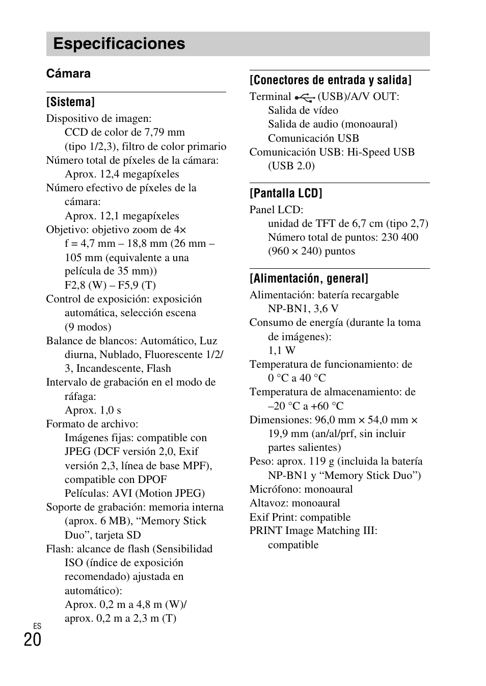 Especificaciones | Sony DSC-W510 User Manual | Page 42 / 48