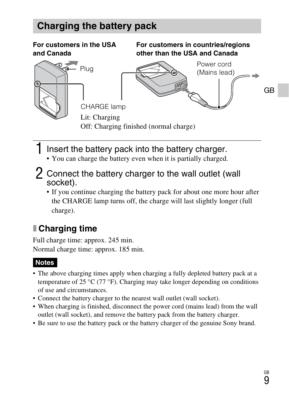 Charging the battery pack | Sony DSC-W510 User Manual | Page 9 / 48