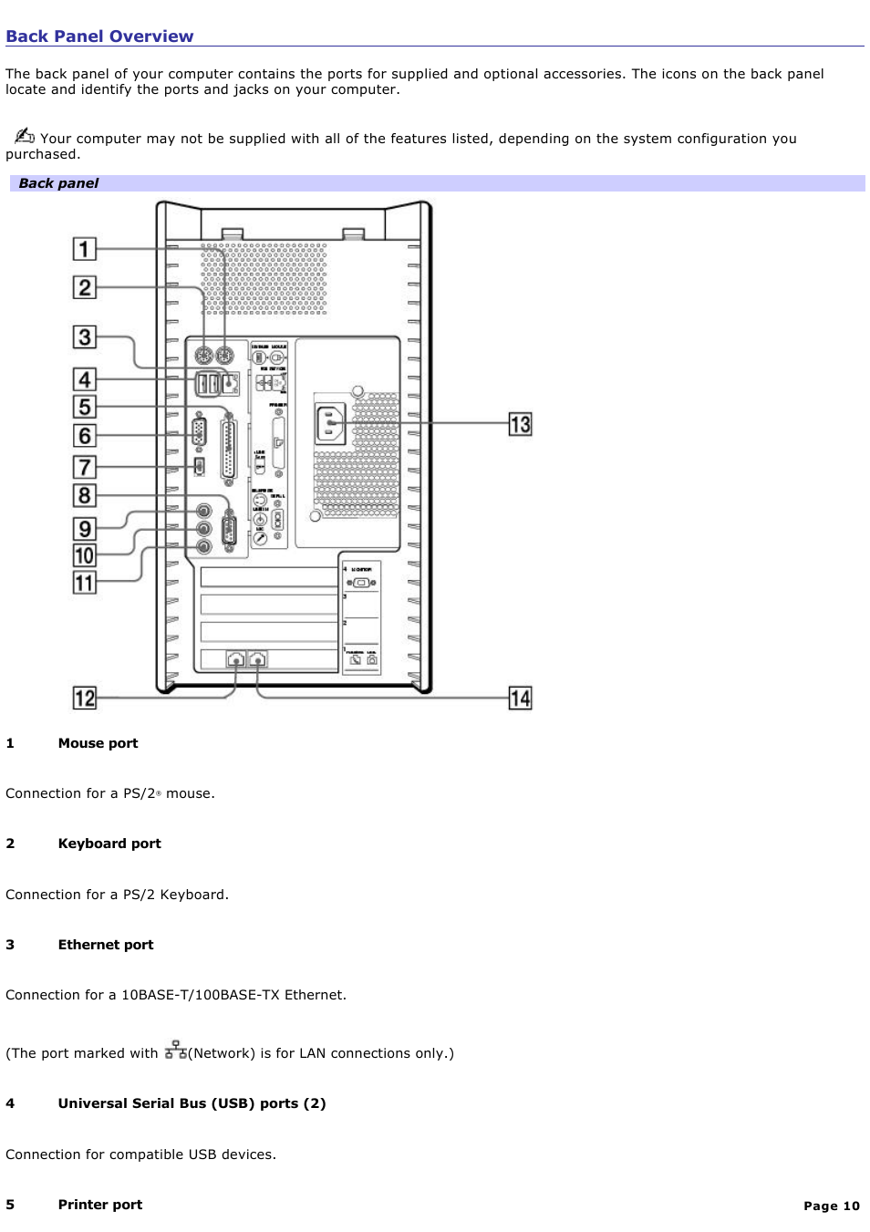 Back panel overview | Sony PCV-RX770 User Manual | Page 10 / 80