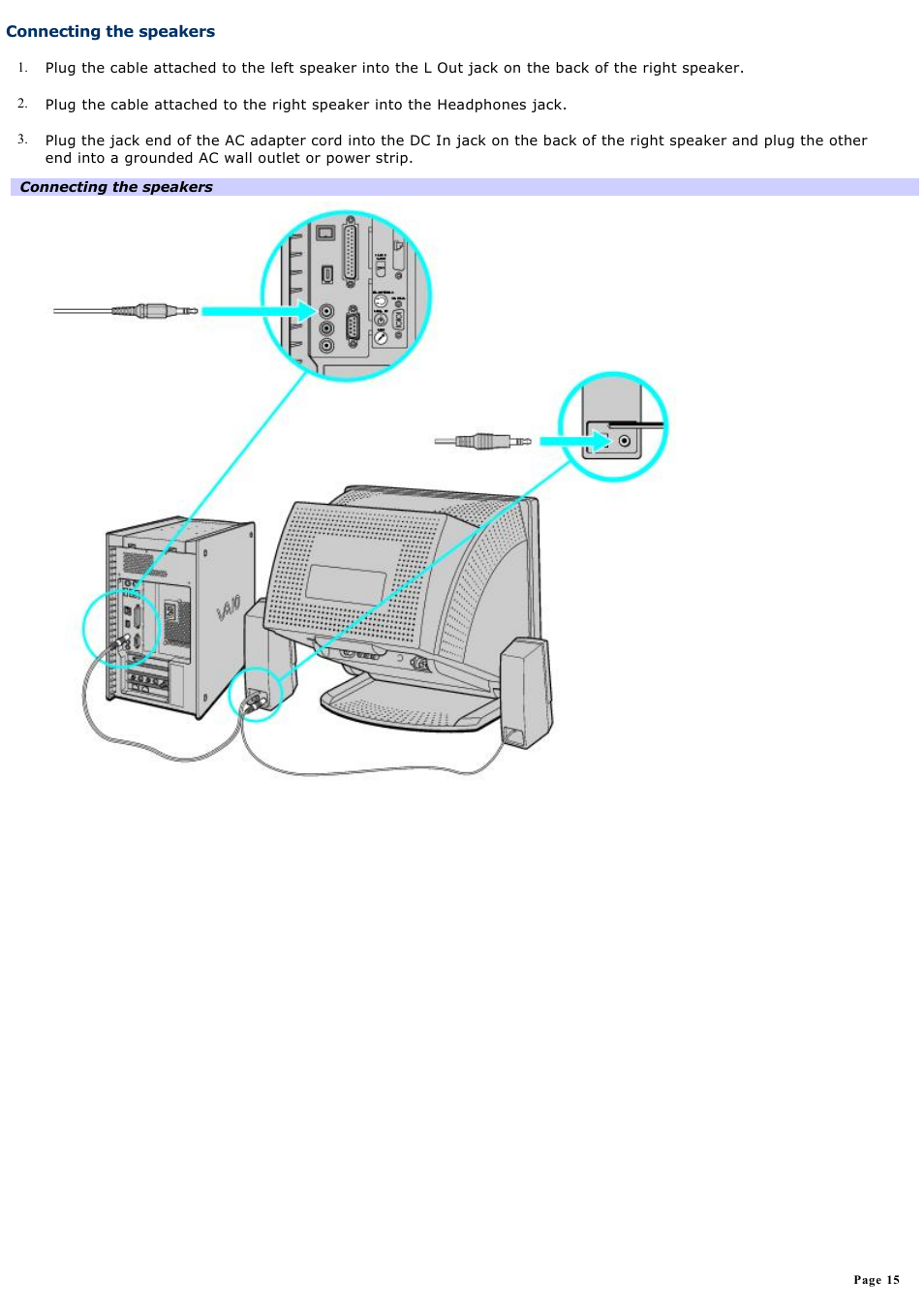 Connecting the speakers | Sony PCV-RX770 User Manual | Page 15 / 80