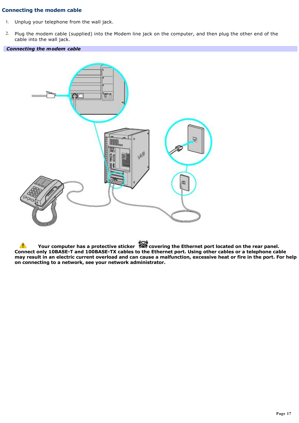 Connecting the modem cable | Sony PCV-RX770 User Manual | Page 17 / 80