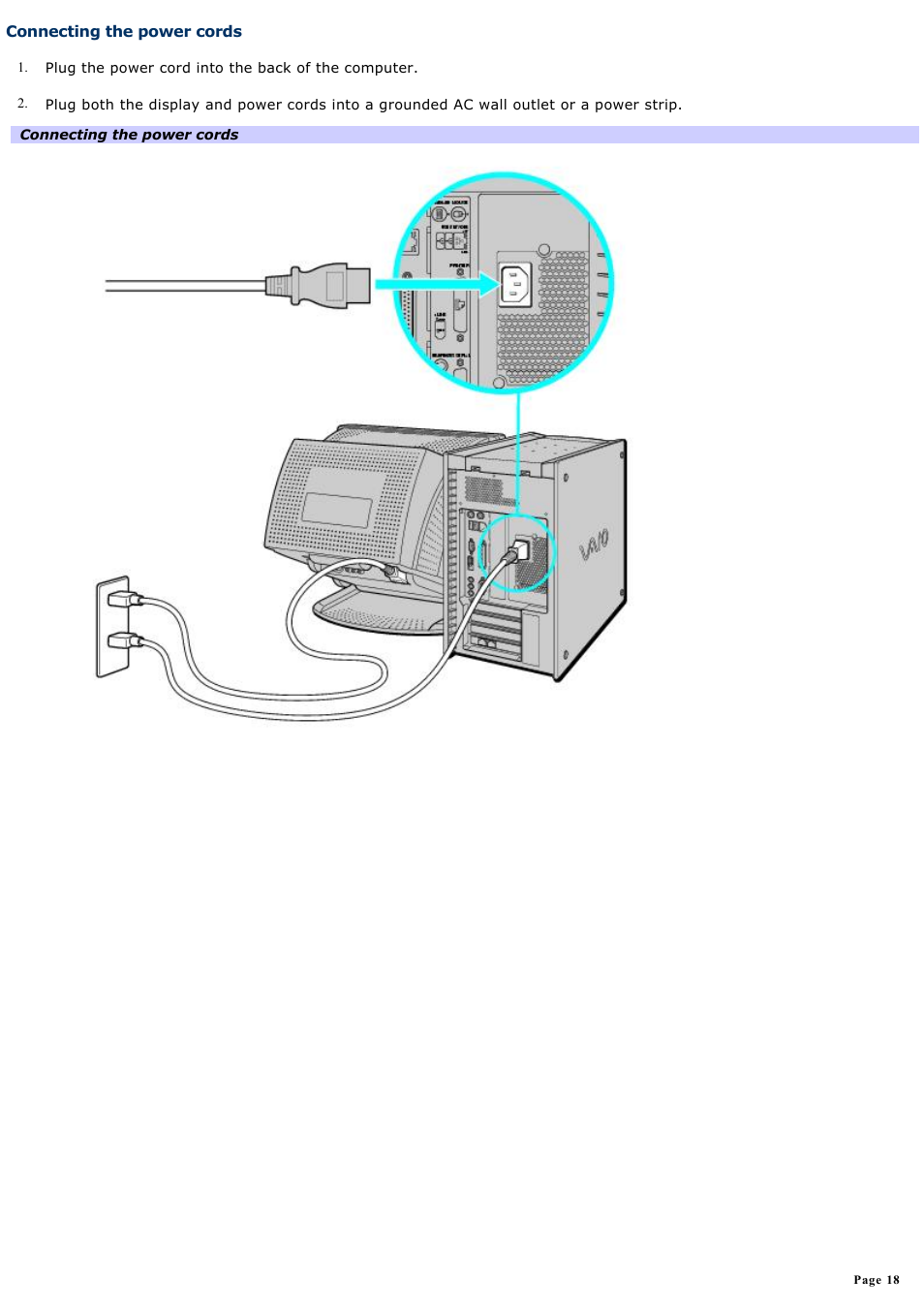 Connecting the power cords | Sony PCV-RX770 User Manual | Page 18 / 80