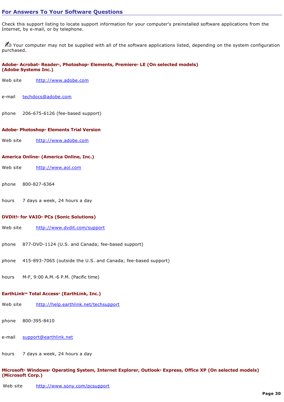 For answers to your software questions | Sony PCV-RX770 User Manual | Page 30 / 80