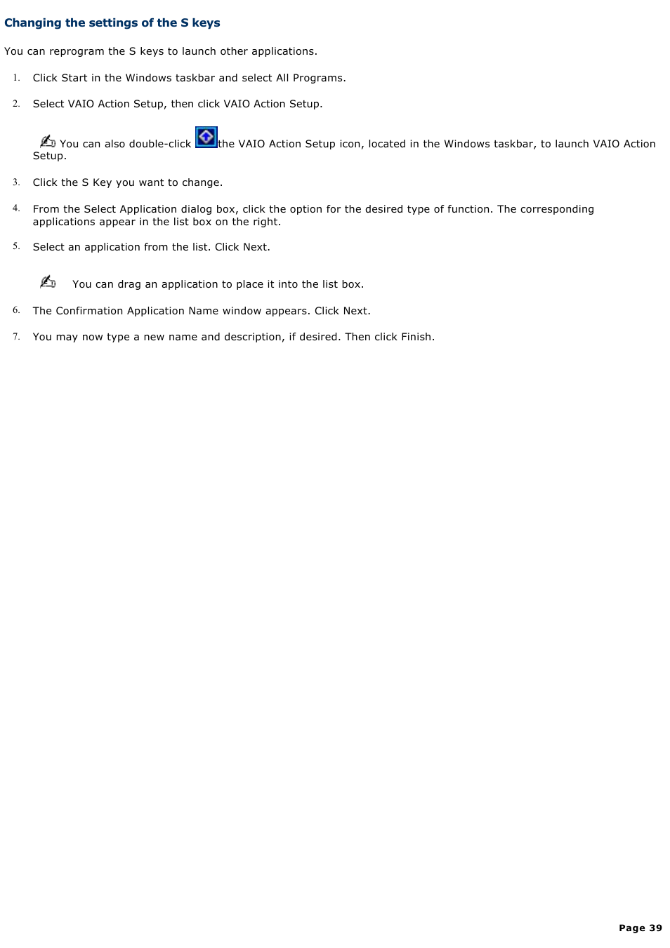 Changing the settings of the s keys | Sony PCV-RX770 User Manual | Page 39 / 80