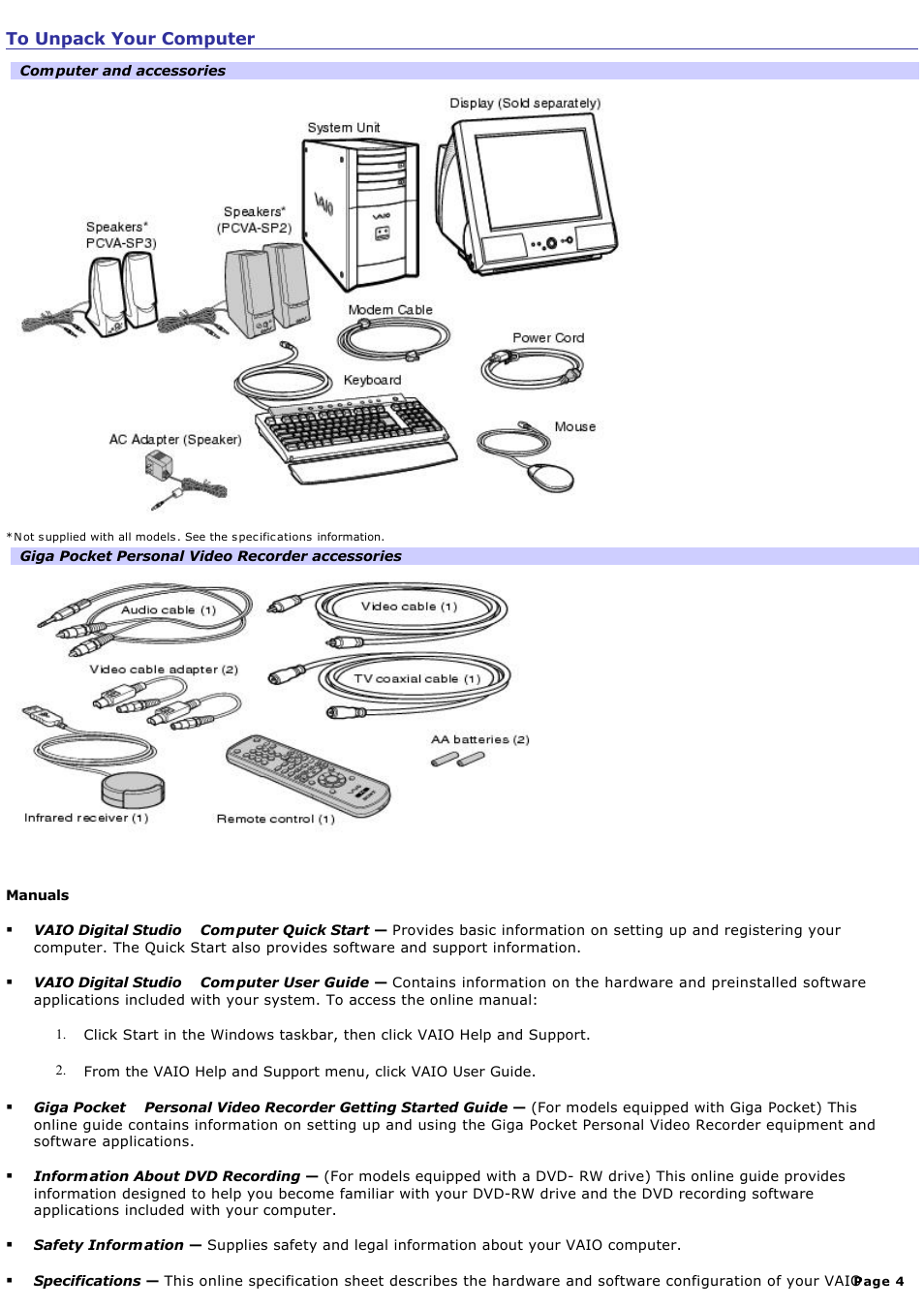 To unpack your computer | Sony PCV-RX770 User Manual | Page 4 / 80