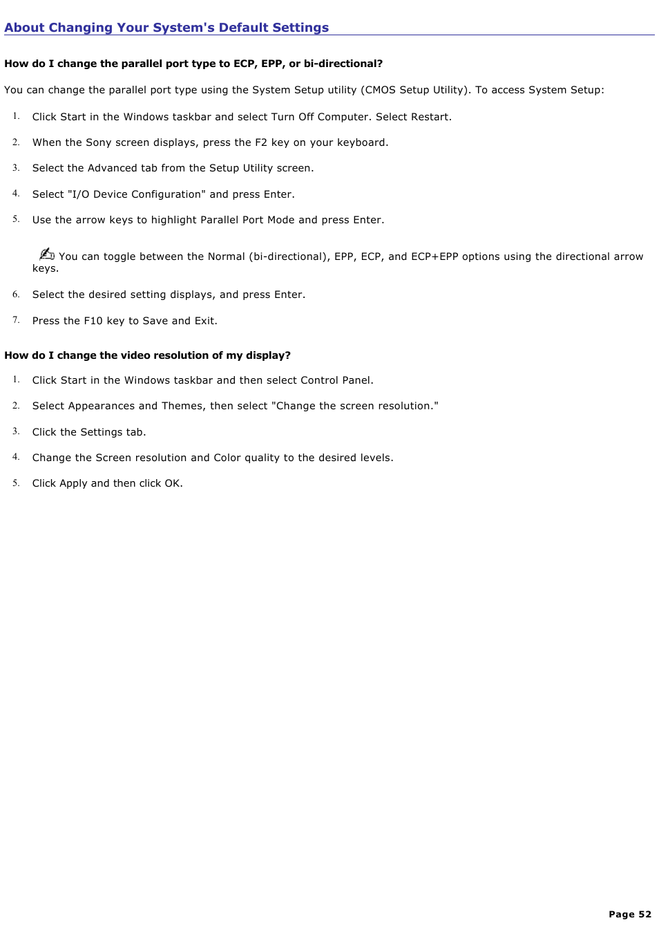 About changing your system's default settings | Sony PCV-RX770 User Manual | Page 52 / 80