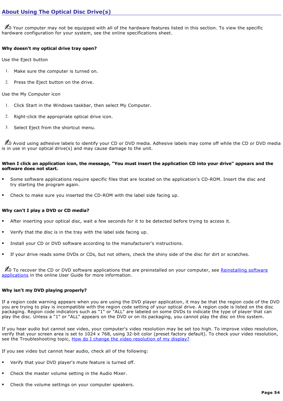 About using the optical disc drive(s) | Sony PCV-RX770 User Manual | Page 54 / 80