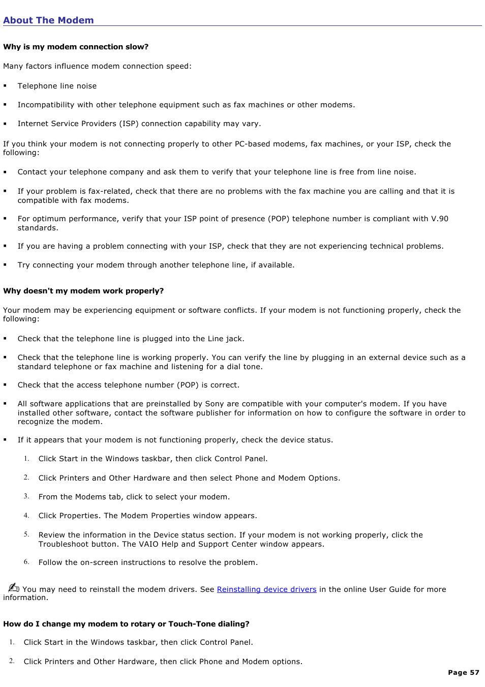 About the modem | Sony PCV-RX770 User Manual | Page 57 / 80