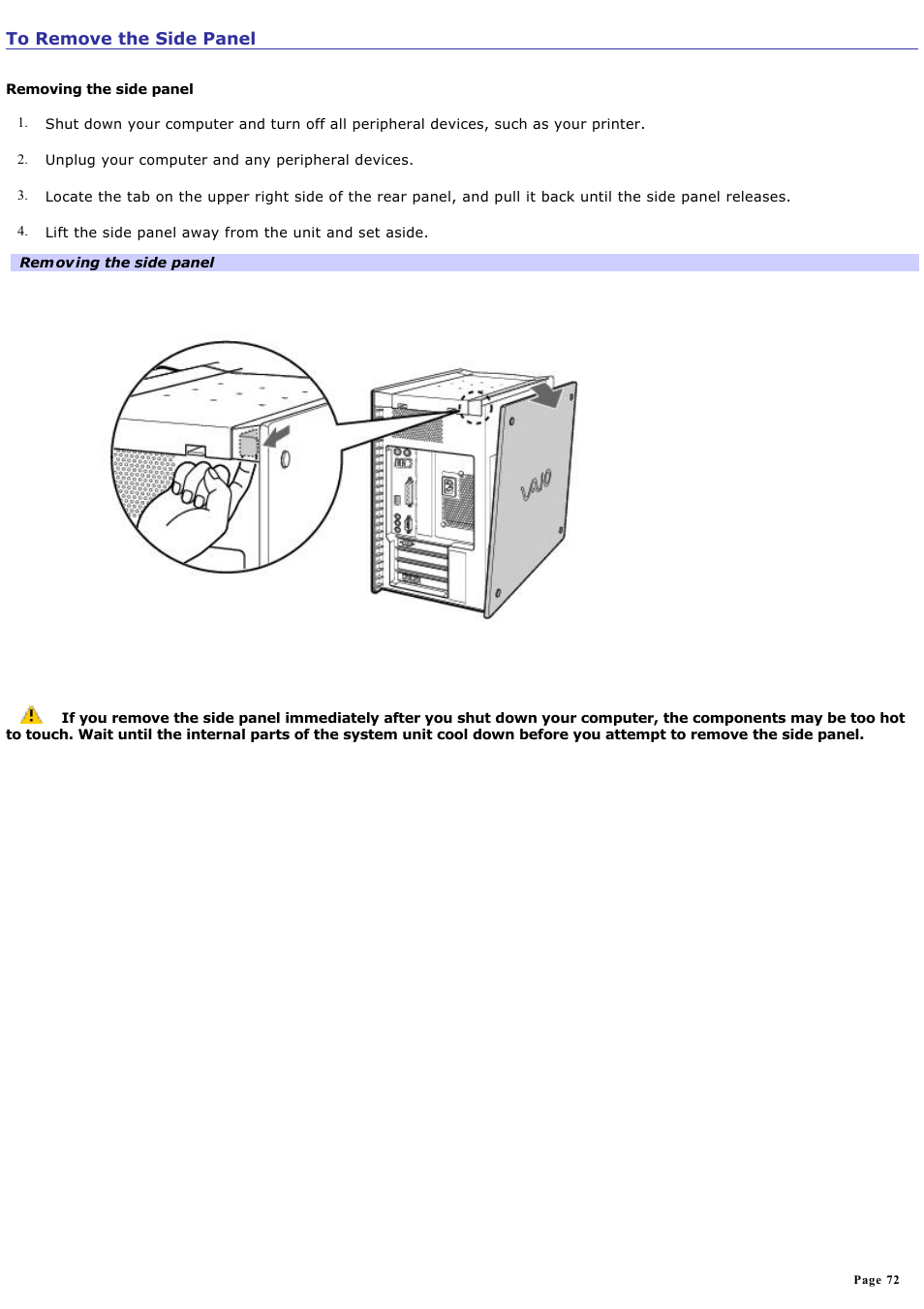 To remove the side panel | Sony PCV-RX770 User Manual | Page 72 / 80