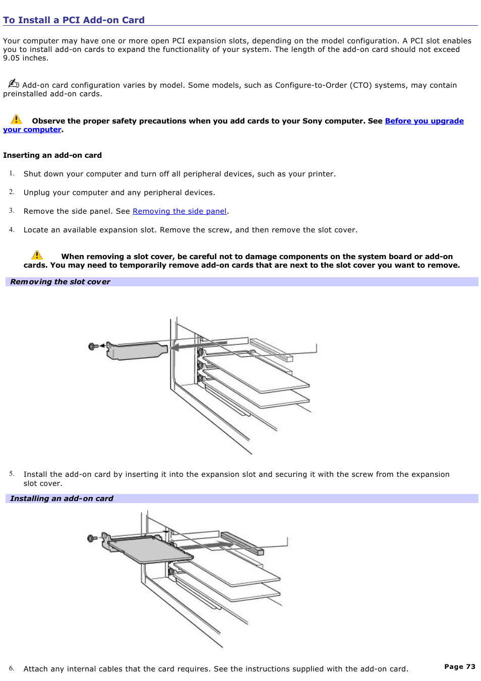 To install a pci add-on card | Sony PCV-RX770 User Manual | Page 73 / 80