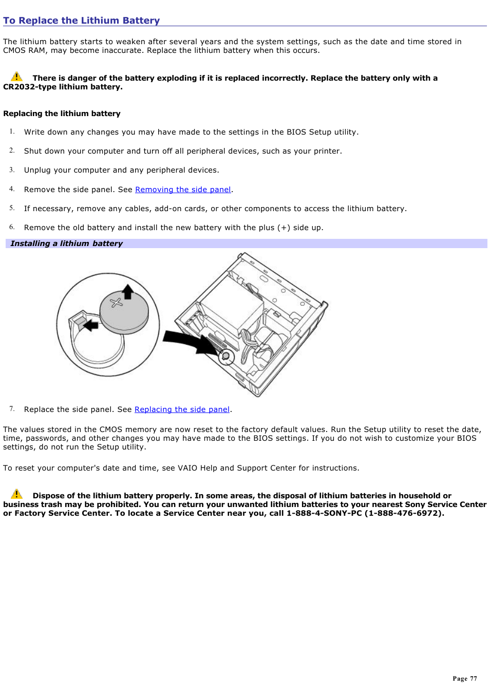 To replace the lithium battery | Sony PCV-RX770 User Manual | Page 77 / 80