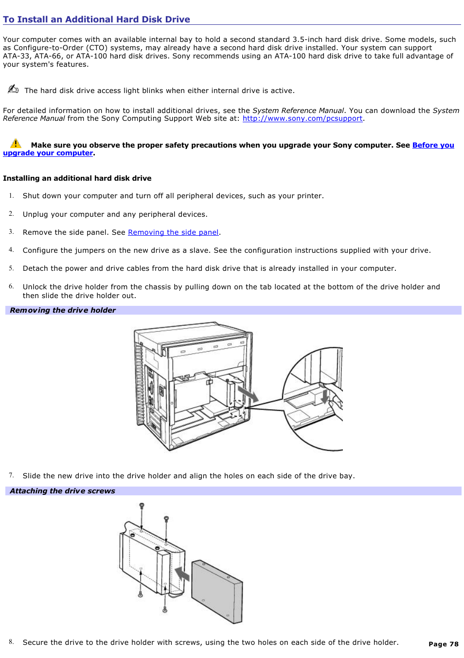 To install an additional hard disk drive | Sony PCV-RX770 User Manual | Page 78 / 80