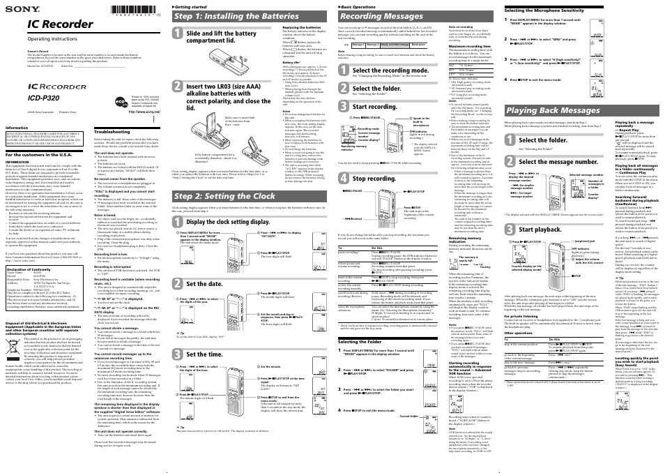 Sony ICD-P320 User Manual | 2 pages