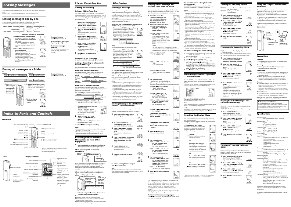 Erasing messages, Index to parts and controls, Erasing messages one by one | Erasing all messages in a folder | Sony ICD-P320 User Manual | Page 2 / 2