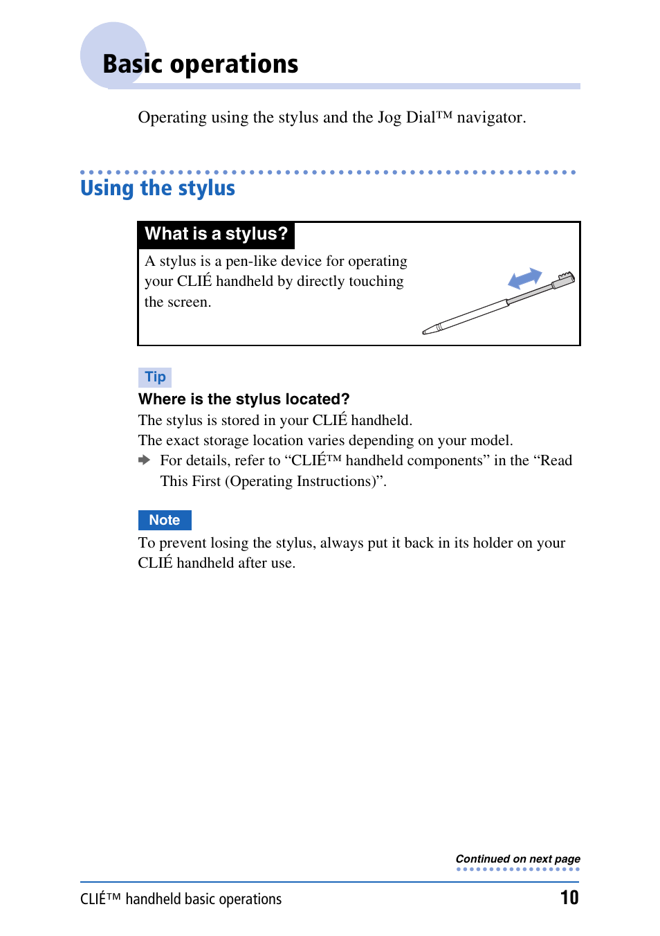 Basic operations, Using the stylus | Sony PEG-UX40 User Manual | Page 10 / 197