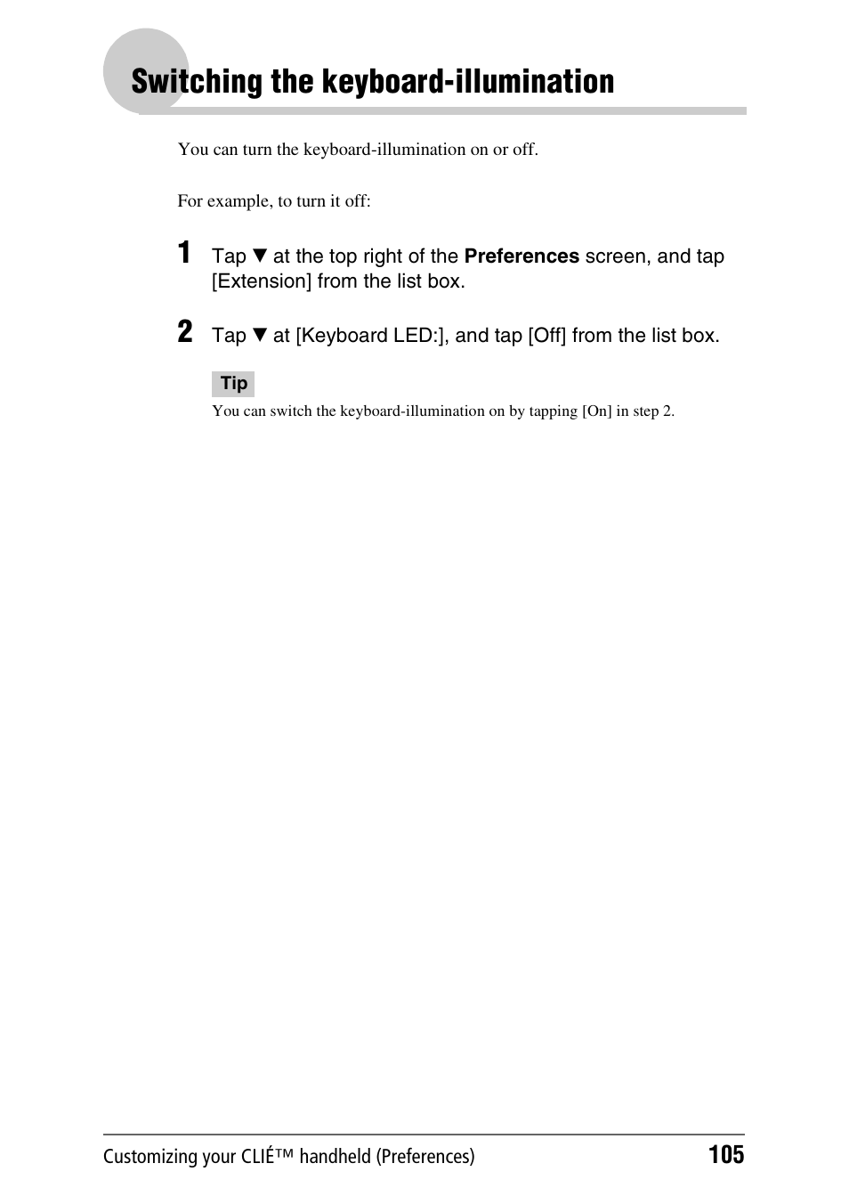 Switching the keyboard-illumination | Sony PEG-UX40 User Manual | Page 105 / 197