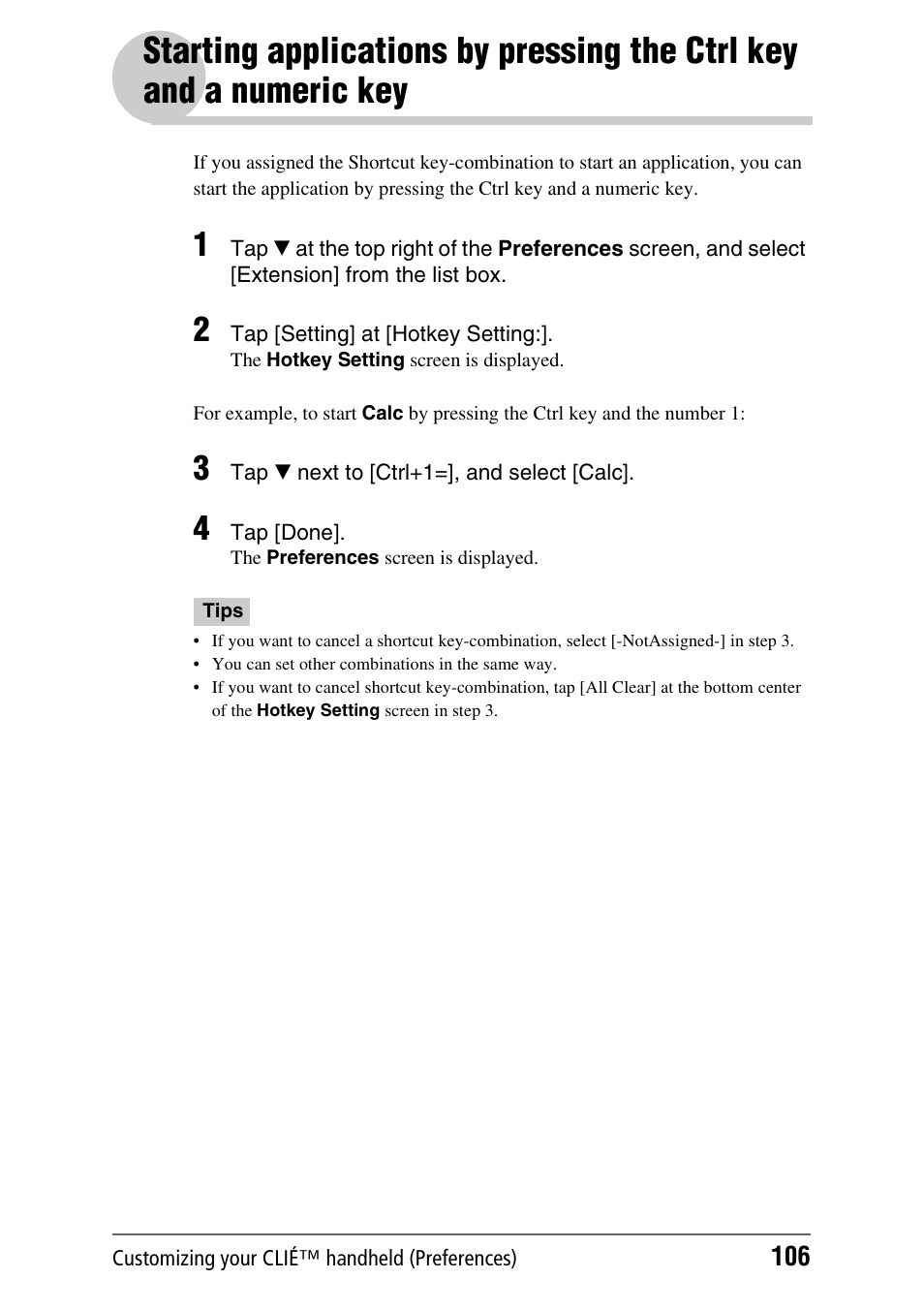 Starting applications by pressing, The ctrl key and numeral key | Sony PEG-UX40 User Manual | Page 106 / 197