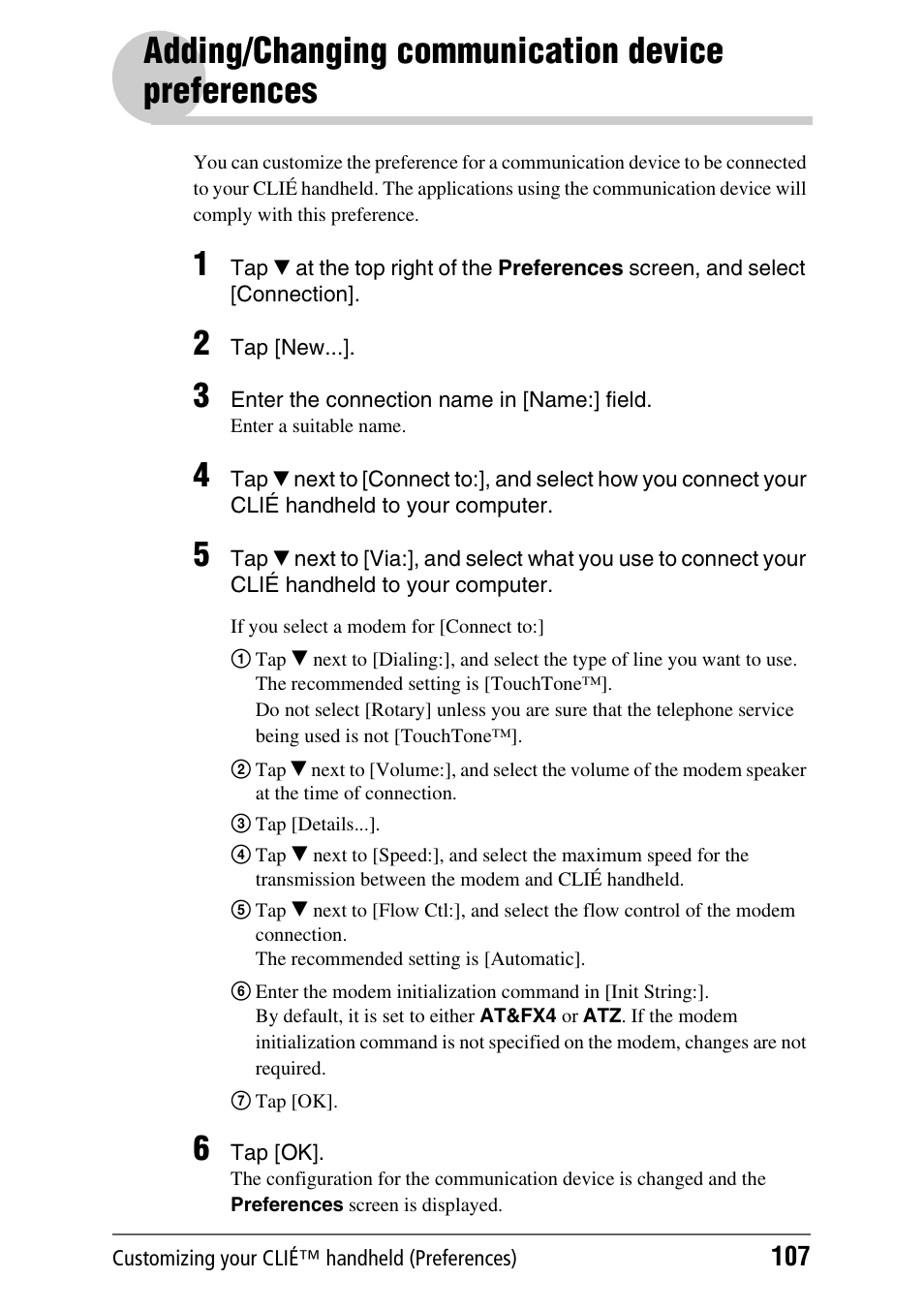 Adding/changing communication device preferences, Adding/changing communication device, Preferences | Sony PEG-UX40 User Manual | Page 107 / 197