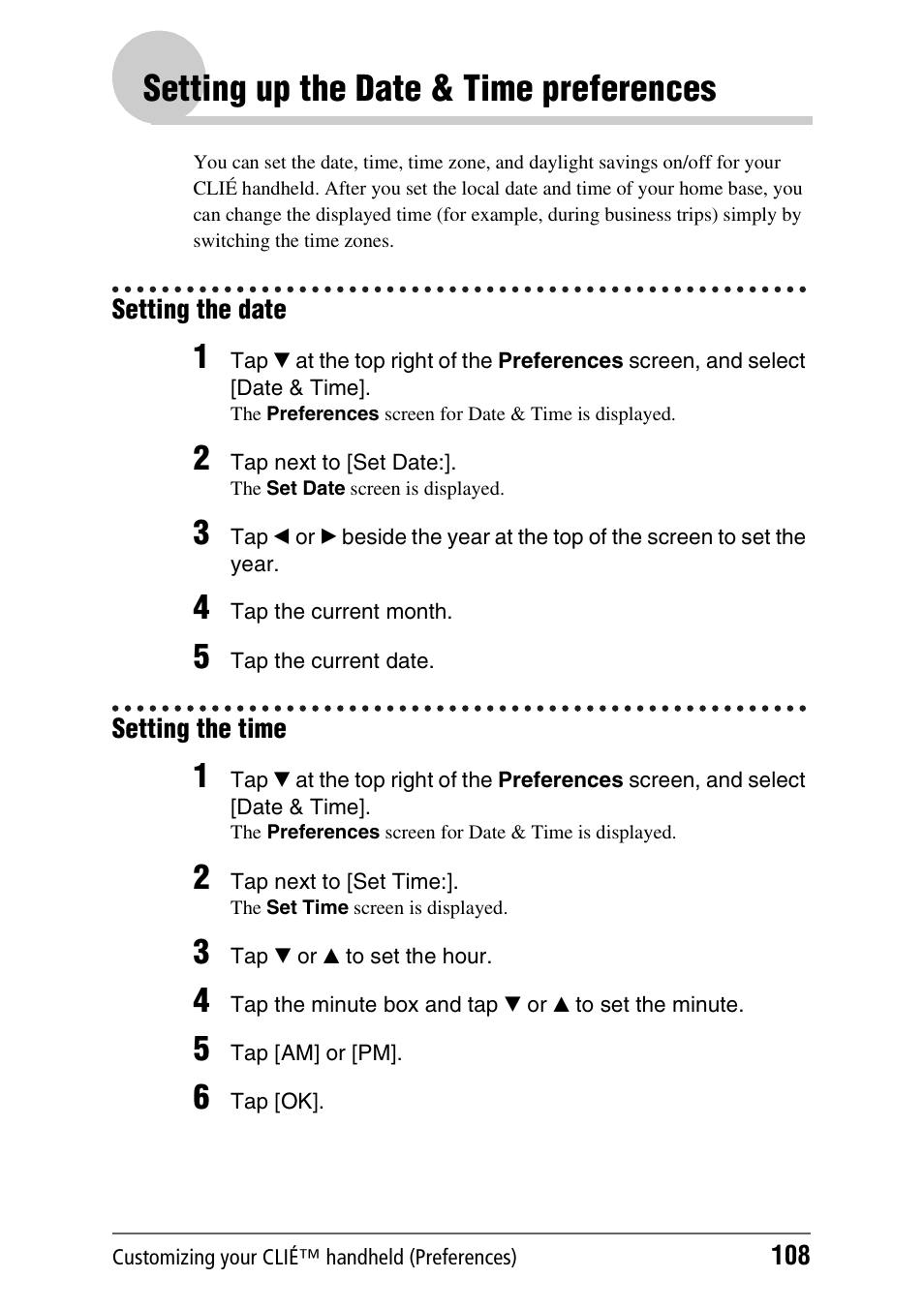 Setting up the date & time preferences, Setting the date, Setting the time | Setting the date setting the time | Sony PEG-UX40 User Manual | Page 108 / 197