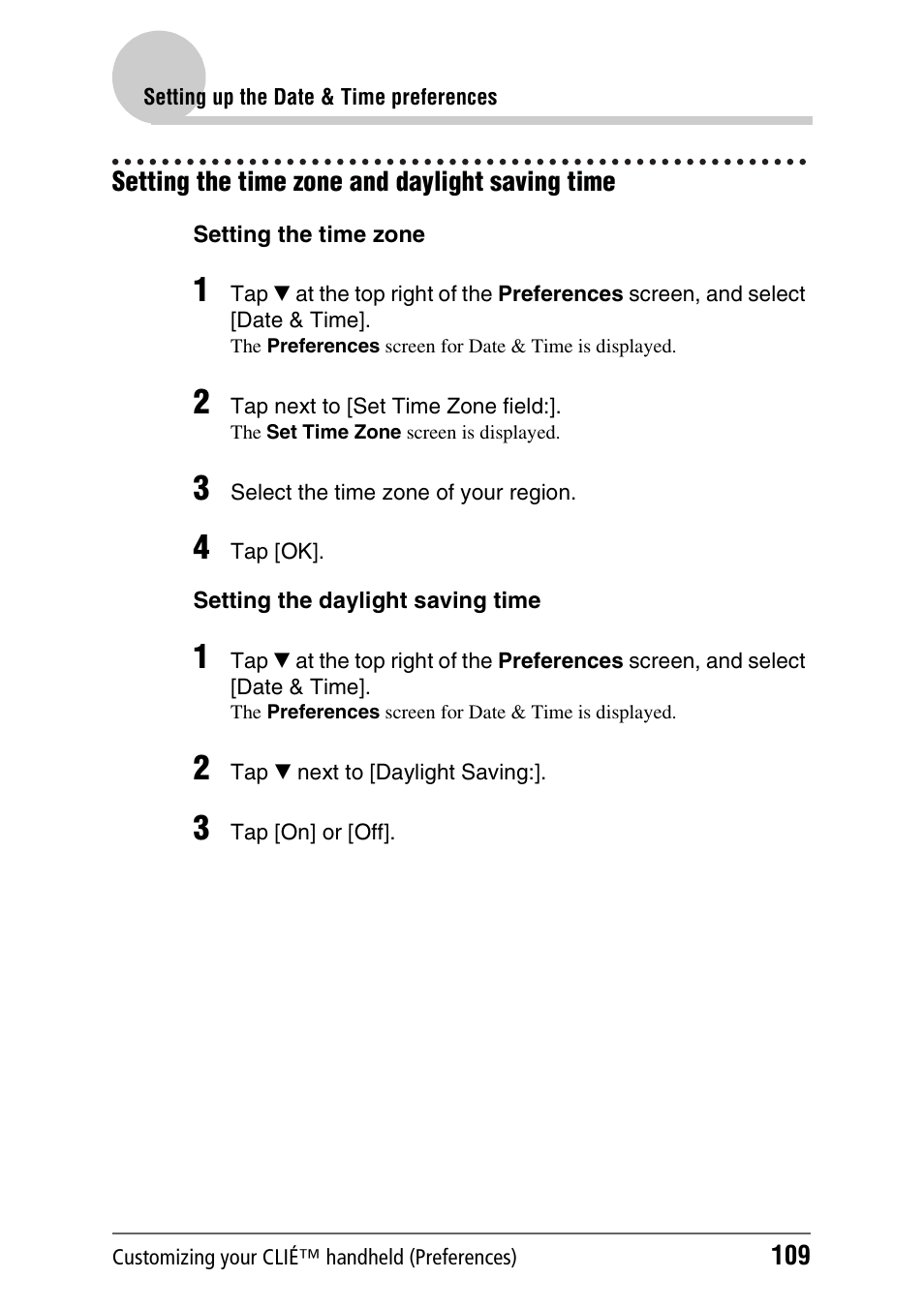 Setting the time zone and daylight saving time | Sony PEG-UX40 User Manual | Page 109 / 197