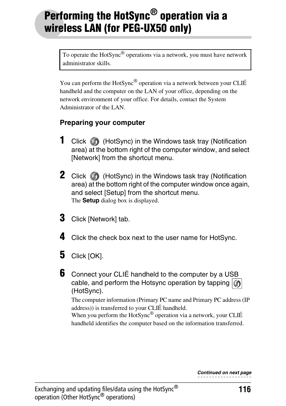 Performing the hotsync, Operation, Via a wireless lan (for peg-ux50 only) | Operation via, A wireless lan (for peg-ux50 only), Operation via a wireless lan (for peg-ux50 only) | Sony PEG-UX40 User Manual | Page 116 / 197