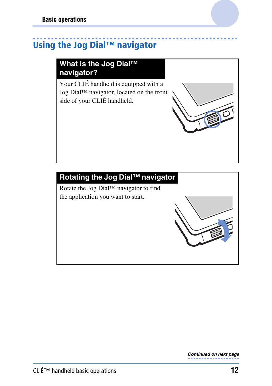 Using the jog dial™ navigator | Sony PEG-UX40 User Manual | Page 12 / 197