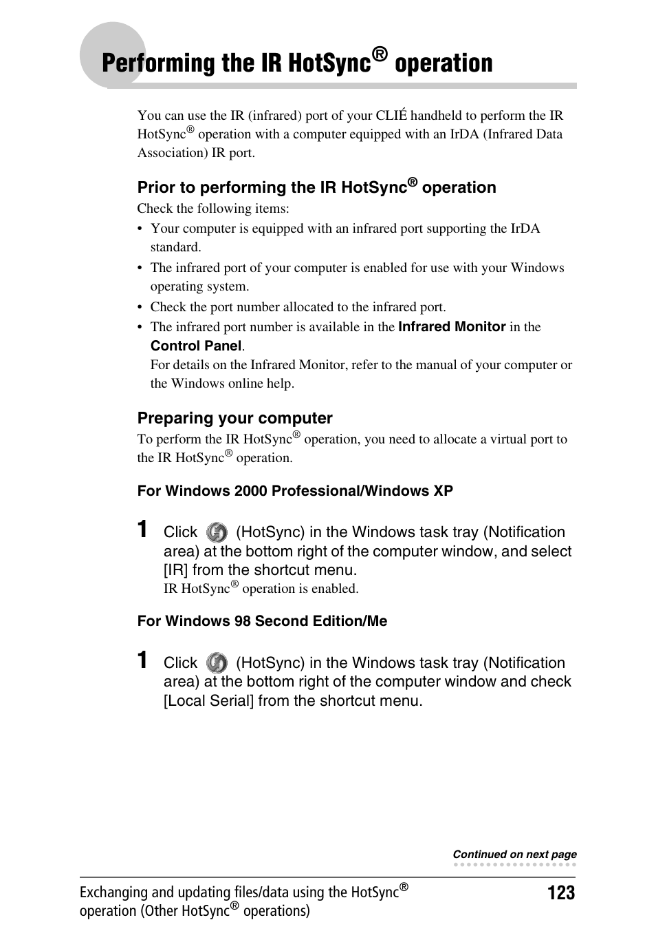 Performing the ir hotsync® operation, Performing the ir hotsync, Operation | Sony PEG-UX40 User Manual | Page 123 / 197