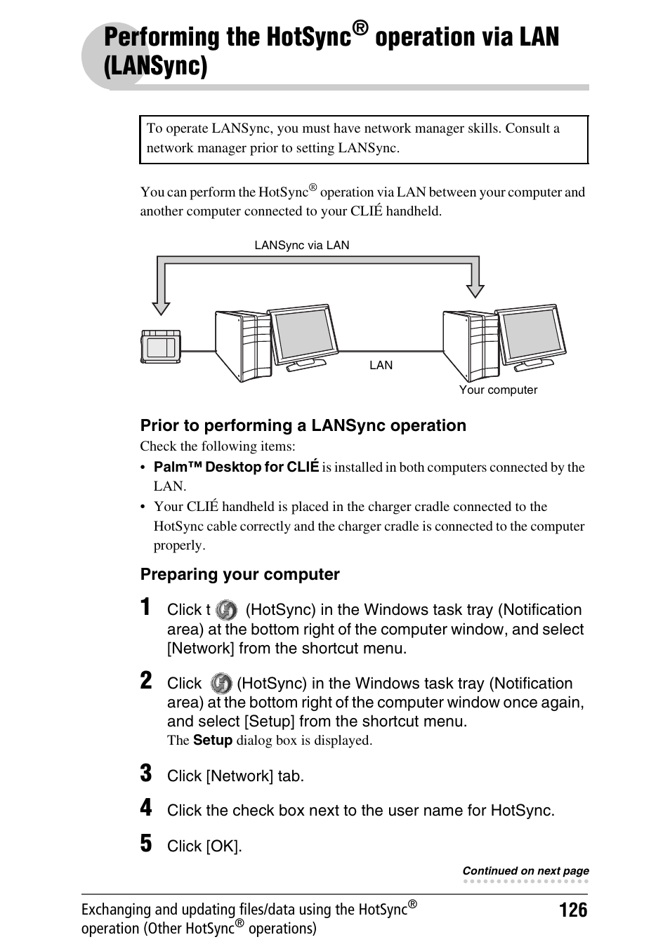 Performing the hotsync, Operation, Via lan (lansync) | Operation via, Lan (lansync), Operation via lan (lansync) | Sony PEG-UX40 User Manual | Page 126 / 197