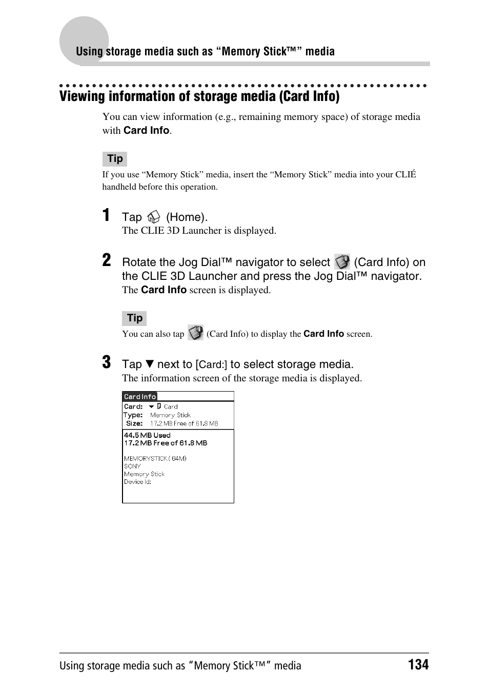 Viewing information of storage media (card info) | Sony PEG-UX40 User Manual | Page 134 / 197