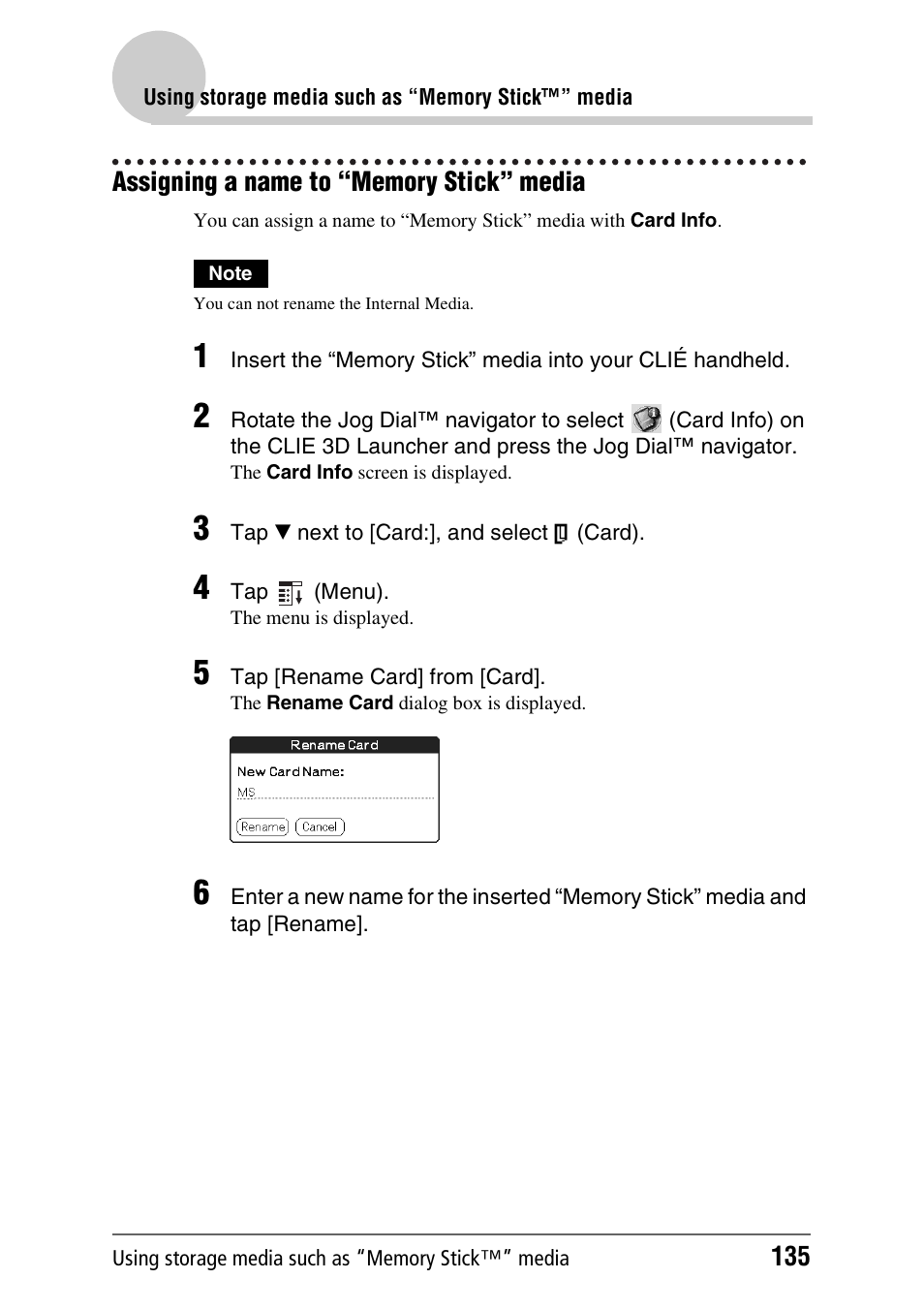 Assigning a name to “memory stick” media | Sony PEG-UX40 User Manual | Page 135 / 197