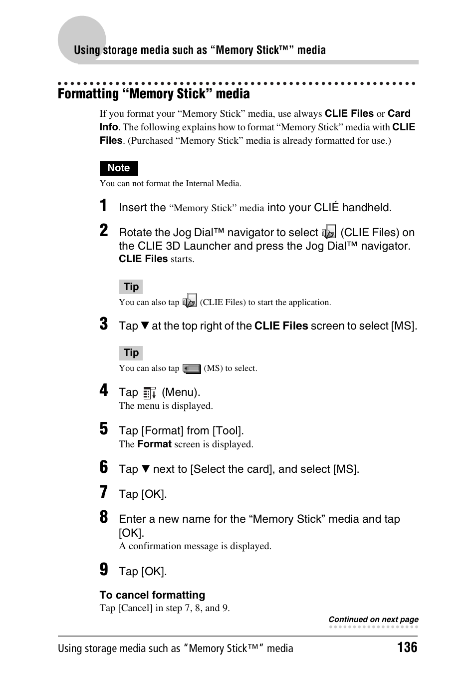 Formatting “memory stick” media | Sony PEG-UX40 User Manual | Page 136 / 197