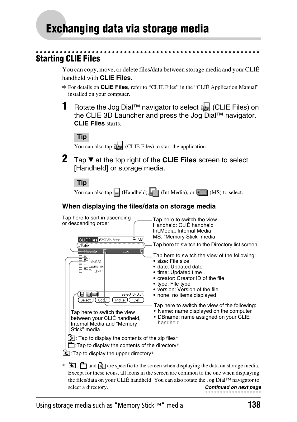 Exchanging data via storage media, Starting clie files, Exchanging data via storage media 138 | Sony PEG-UX40 User Manual | Page 138 / 197