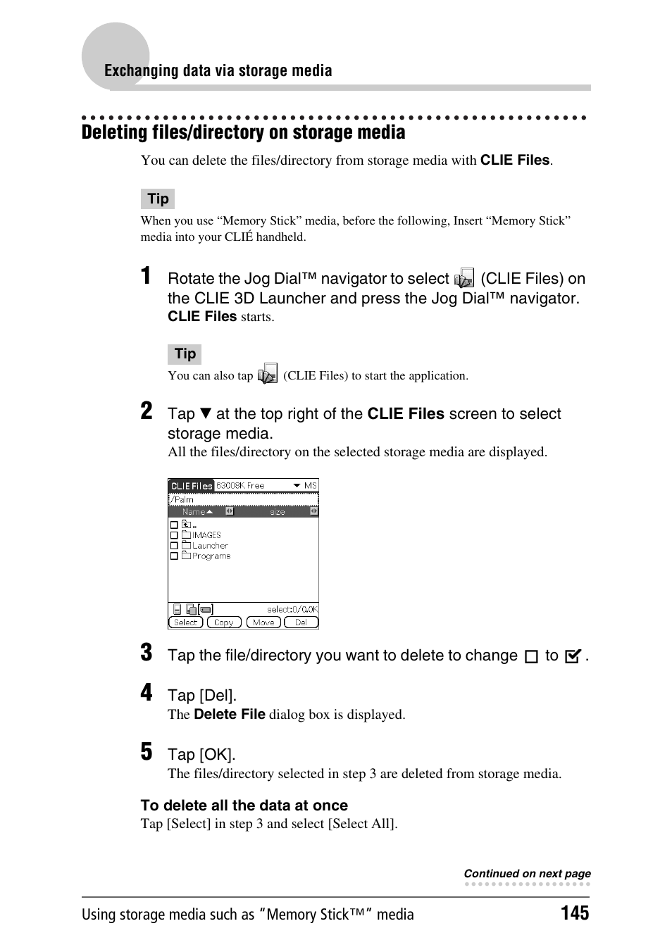 Deleting files/directory on storage media | Sony PEG-UX40 User Manual | Page 145 / 197