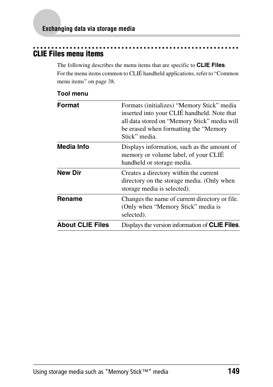 Clie files menu items | Sony PEG-UX40 User Manual | Page 149 / 197