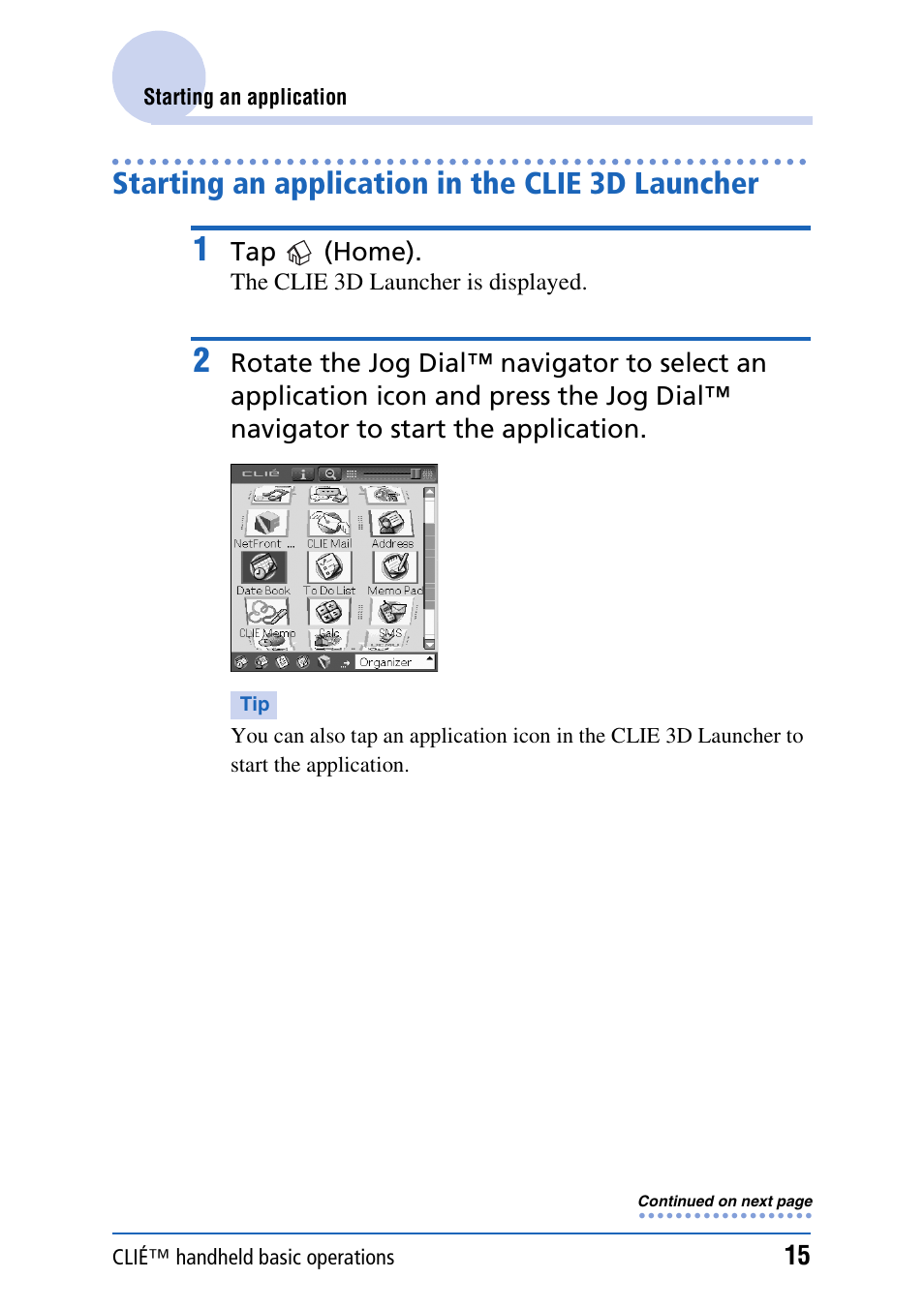 Starting an application in the clie 3d launcher | Sony PEG-UX40 User Manual | Page 15 / 197