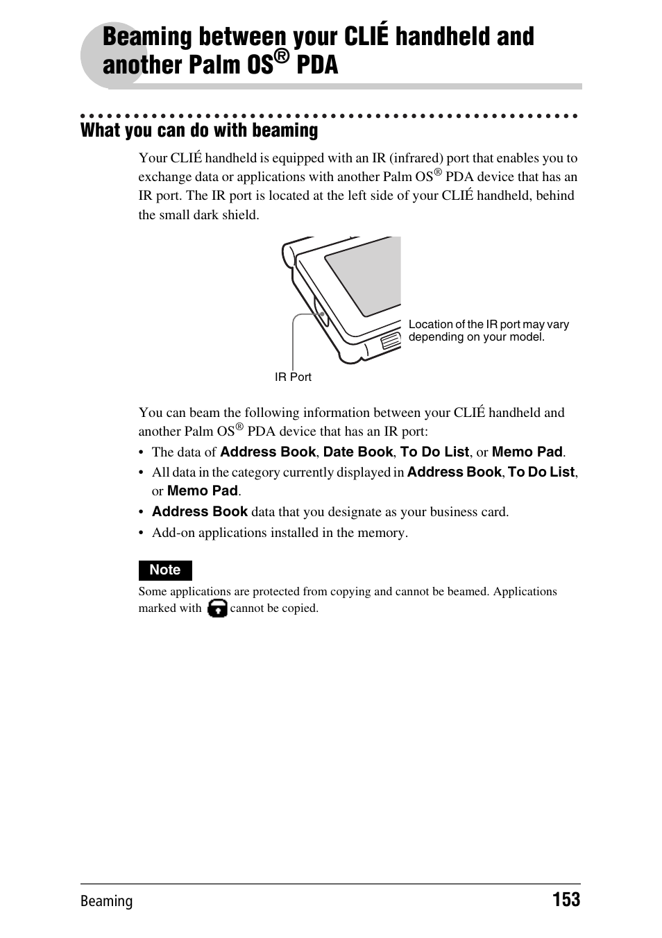 What you can do with beaming, Age 153), Beaming between your clié handheld and | Another palm os | Sony PEG-UX40 User Manual | Page 153 / 197