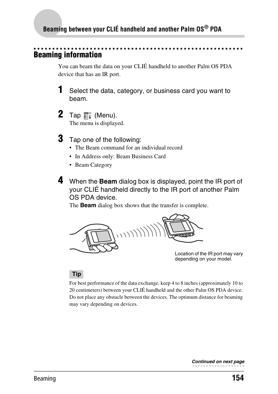 Beaming information | Sony PEG-UX40 User Manual | Page 154 / 197