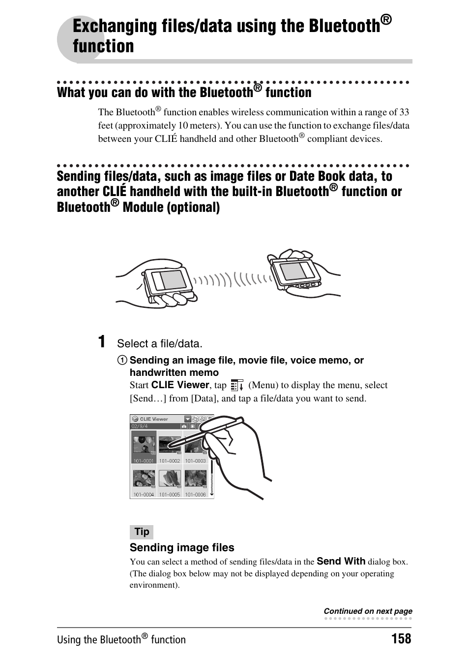 What you can do with the bluetooth® function, Exchanging files/data using the bluetooth, Function | What you can do with the bluetooth, Function or bluetooth, Module (optional), E 158), Function what you can do with the bluetooth | Sony PEG-UX40 User Manual | Page 158 / 197