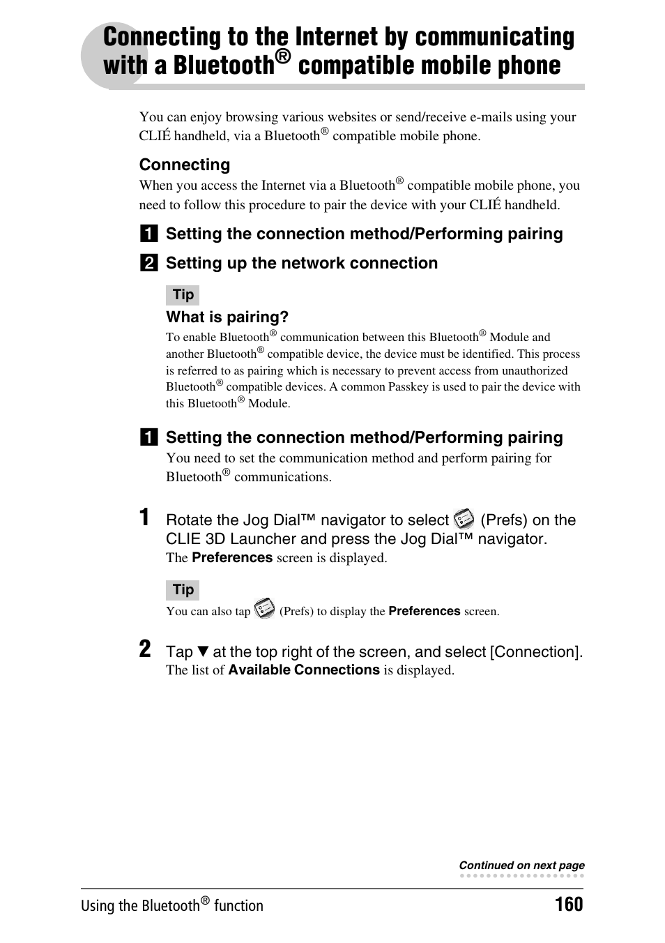 Compatible mobile phone, Connecting to the internet by communicating with, A bluetooth | Sony PEG-UX40 User Manual | Page 160 / 197