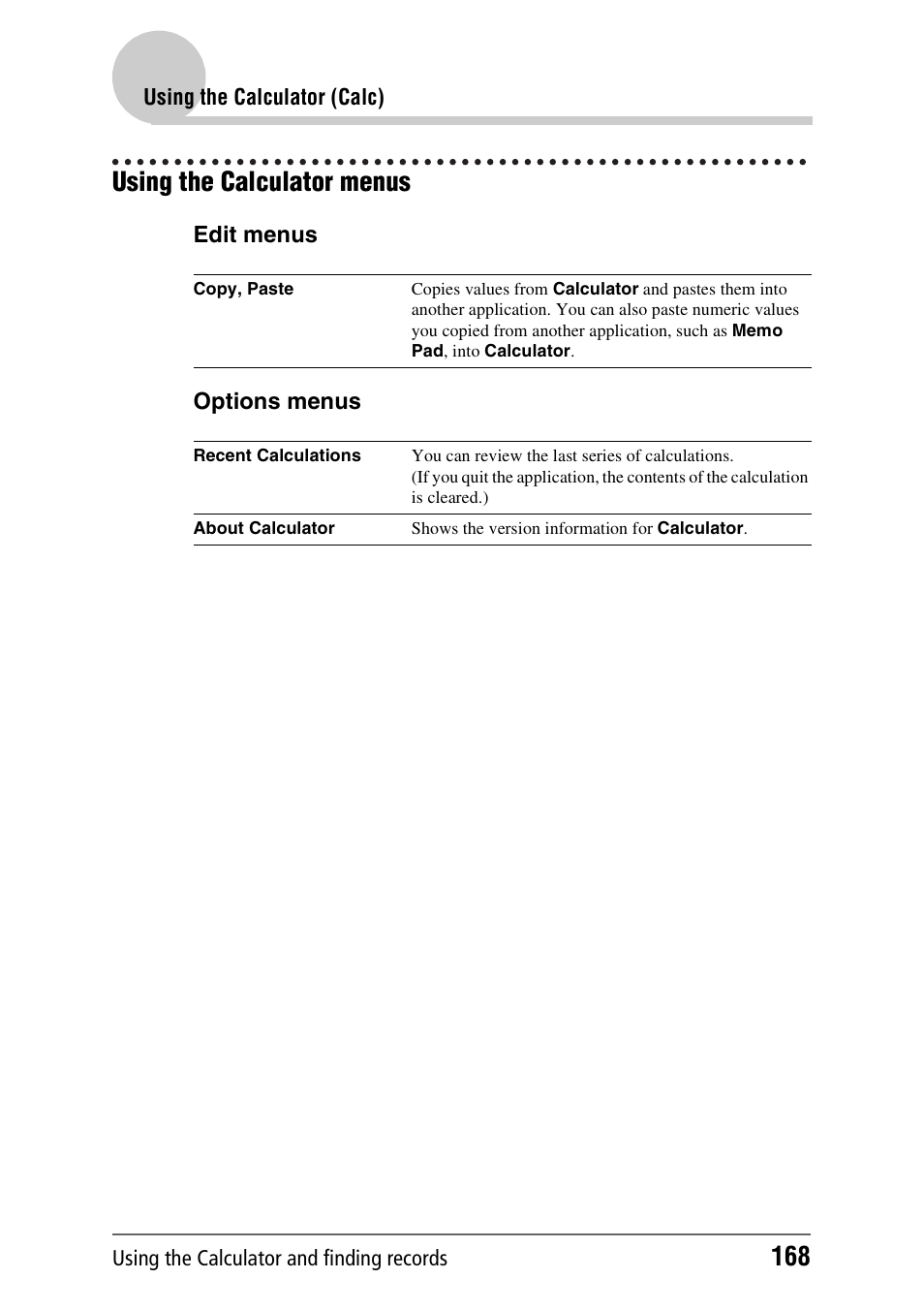 Using the calculator menus, Edit menus options menus | Sony PEG-UX40 User Manual | Page 168 / 197