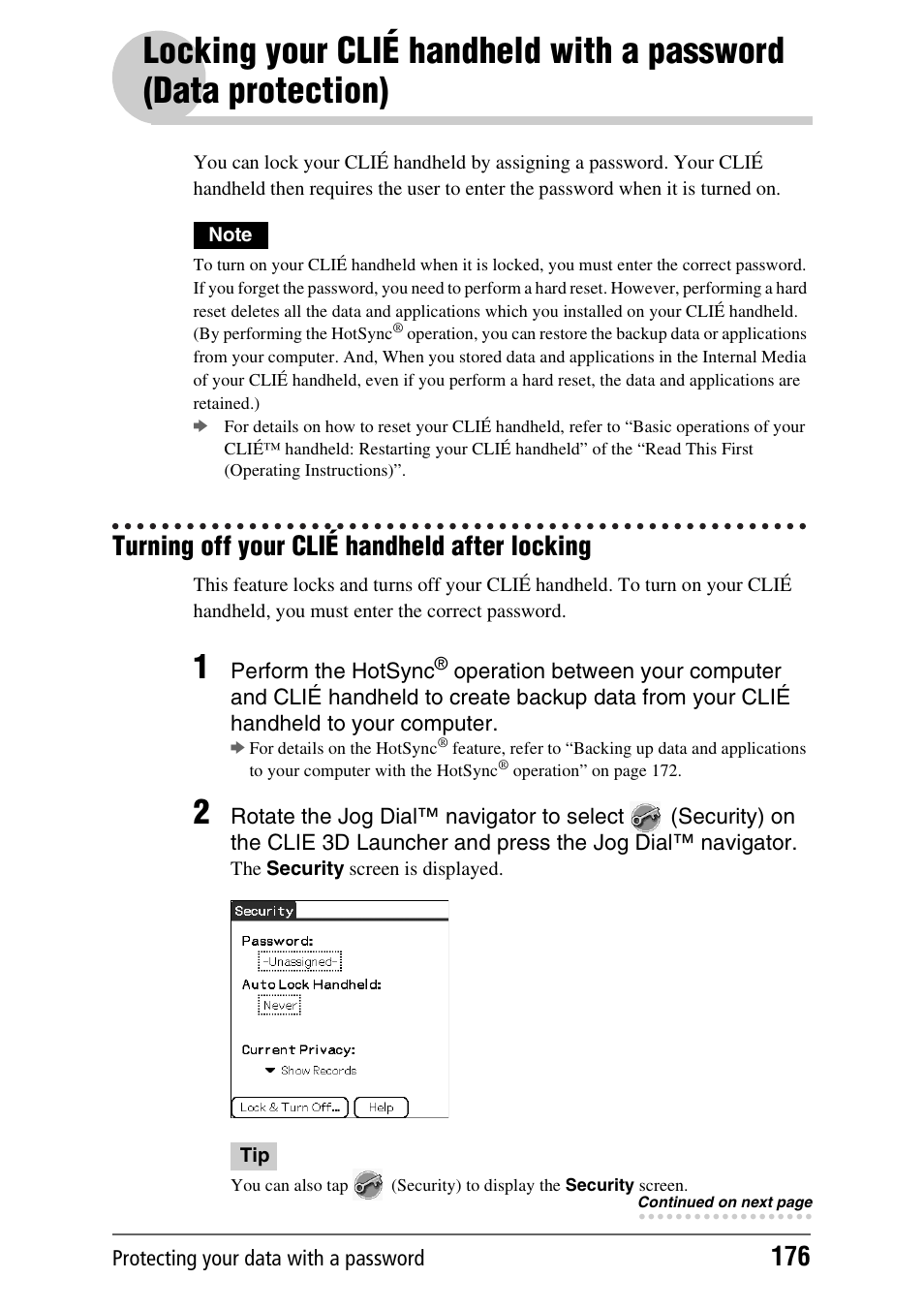 Turning off your clié handheld after locking, Locking your clié handheld with a password | Sony PEG-UX40 User Manual | Page 176 / 197