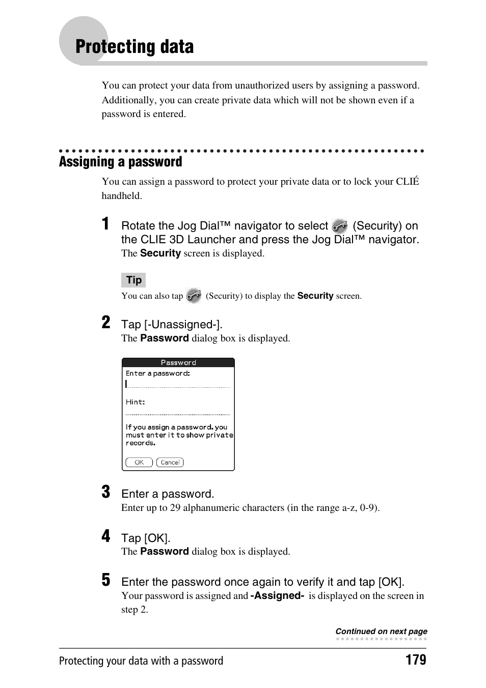 Protecting data, Assigning a password | Sony PEG-UX40 User Manual | Page 179 / 197