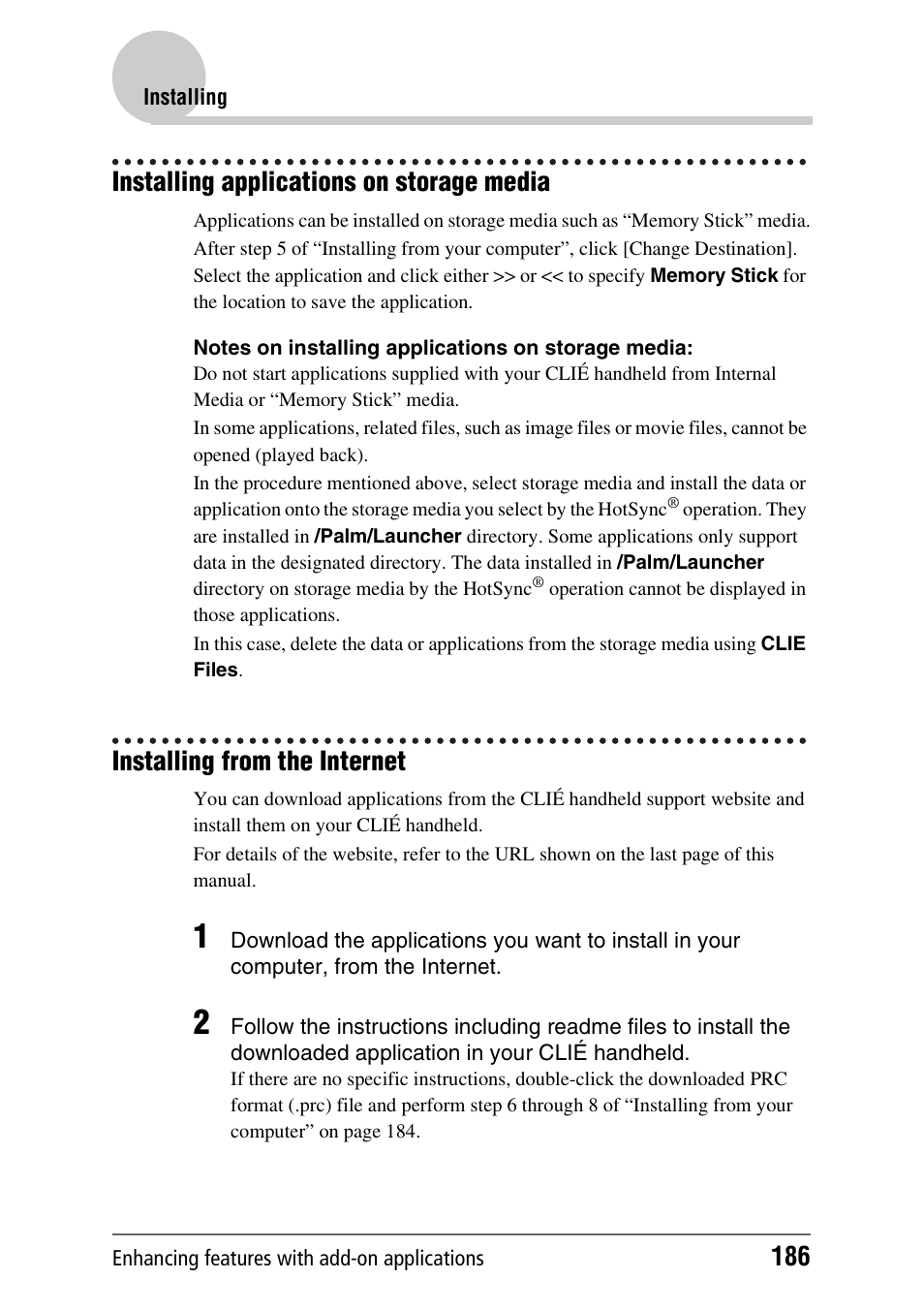 Installing applications on storage media, Installing from the internet | Sony PEG-UX40 User Manual | Page 186 / 197