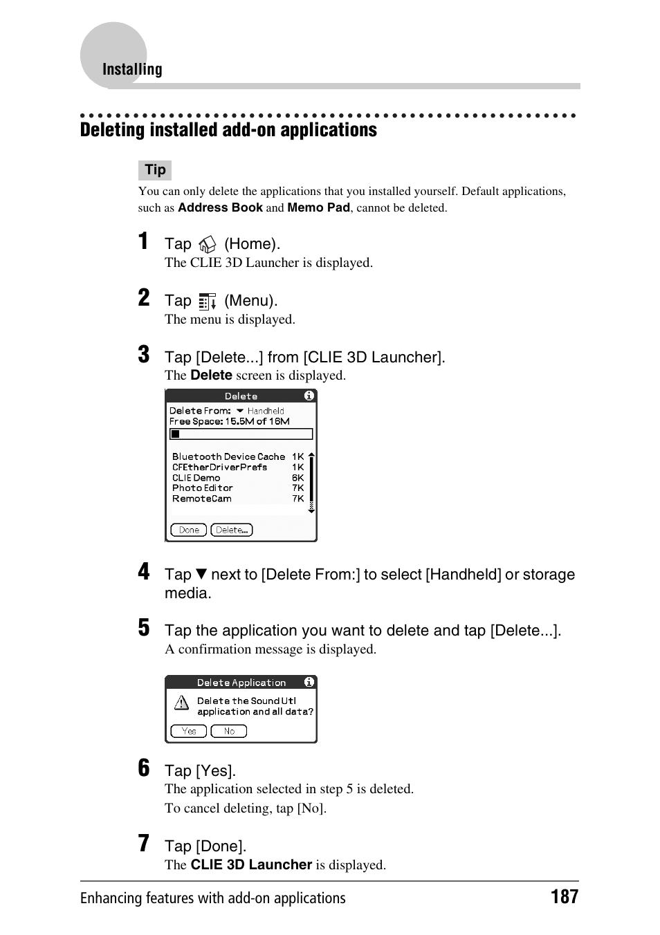 Deleting installed add-on applications, Age 187) | Sony PEG-UX40 User Manual | Page 187 / 197