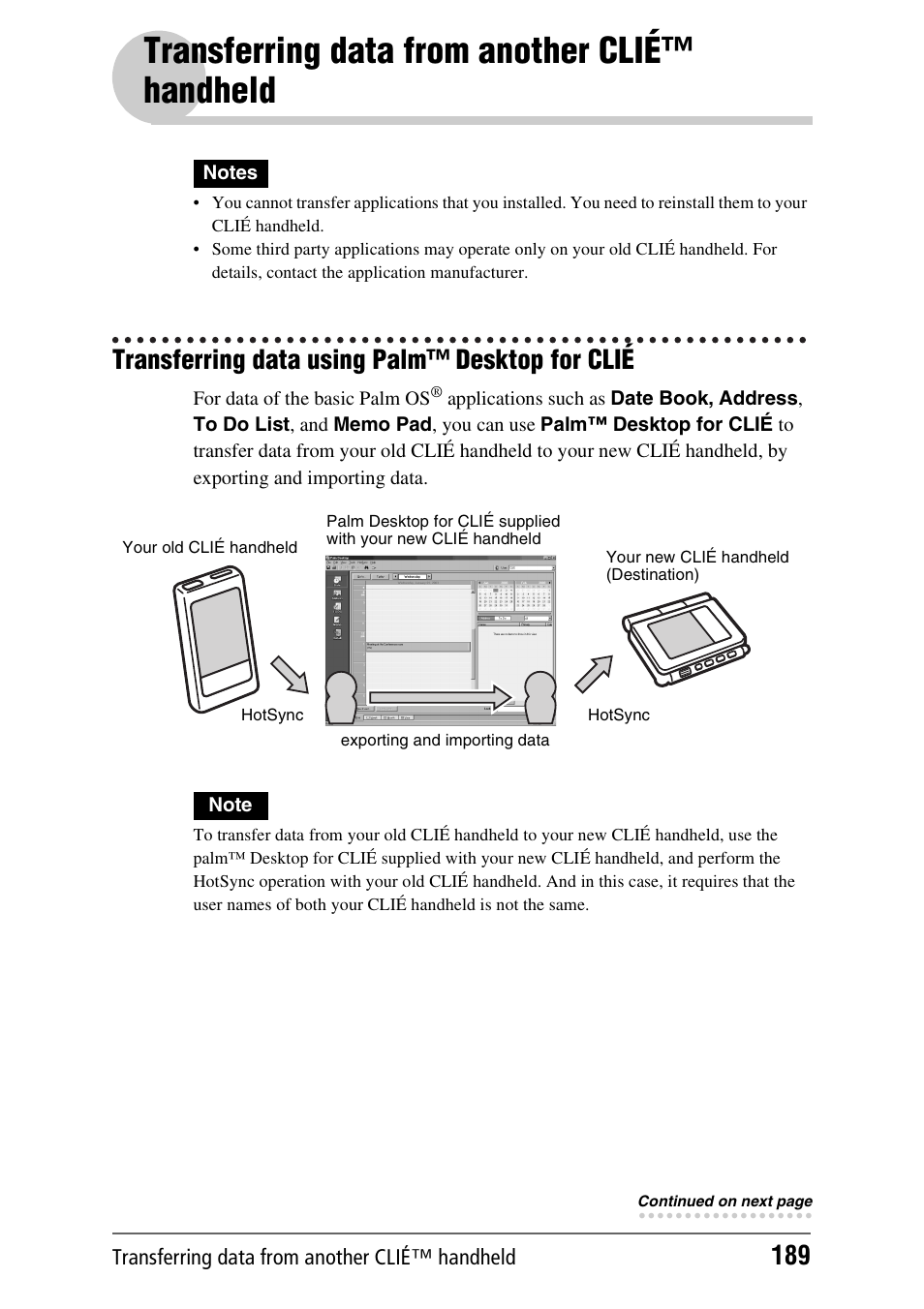 Transferring data from another clié™ handheld, Transferring data using palm™ desktop for clié | Sony PEG-UX40 User Manual | Page 189 / 197